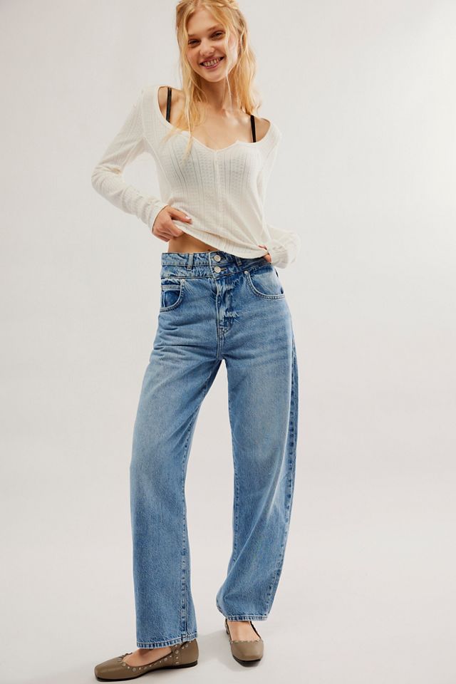 Two-tone double-waistband jeans Natural