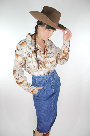 1980s High Waisted Western Denim Pleated Midi Skirt Selected By Moons + Junes Vintage