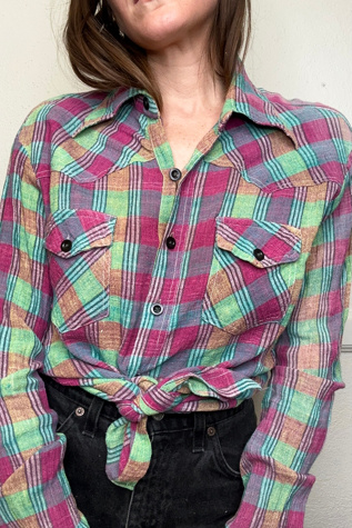 1970s Gauze Cotton Plaid Western Shirt Selected by Cherry | Free