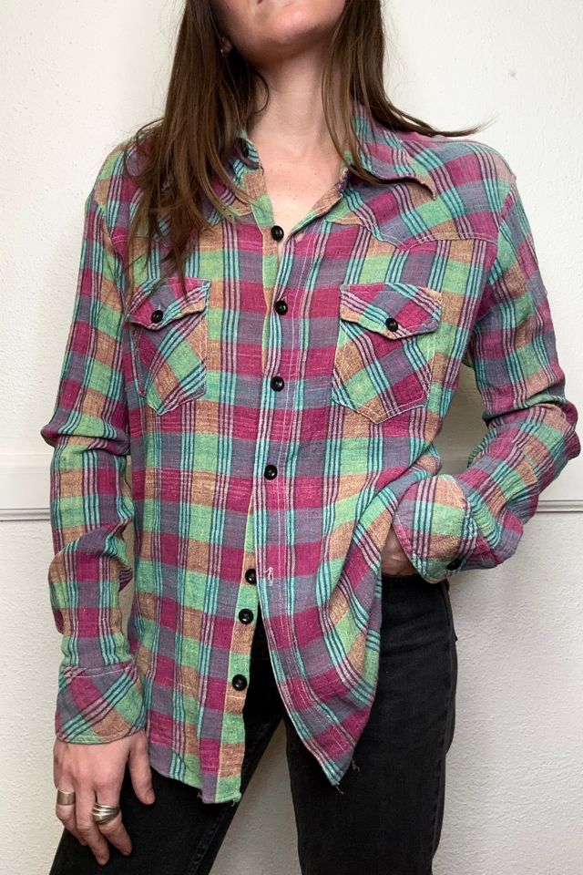 1970s Gauze Cotton Plaid Western Shirt Selected by Cherry | Free