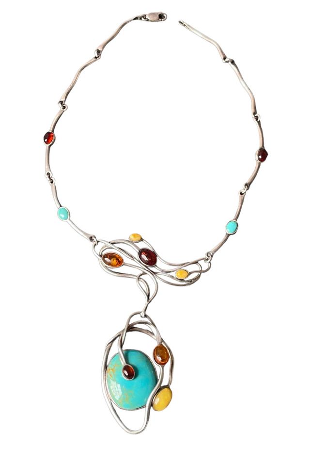 Vintage Sterling Turquoise and Amber Wearable Art Necklace Selected by