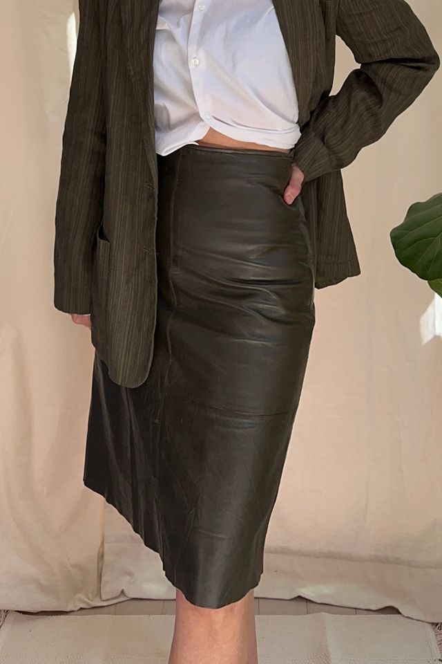 Vintage Olive Green Leather Midi Skirt Selected by KA.TL.AK