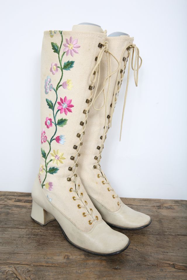 60s Gogo Boots with Floral Embroidery Selected by Love Rocks Vintage