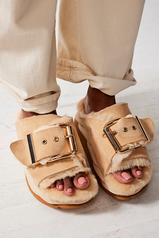 Mellow Shearling Slides by 4CCCCEES at Free People in Sand, Size: EU 40