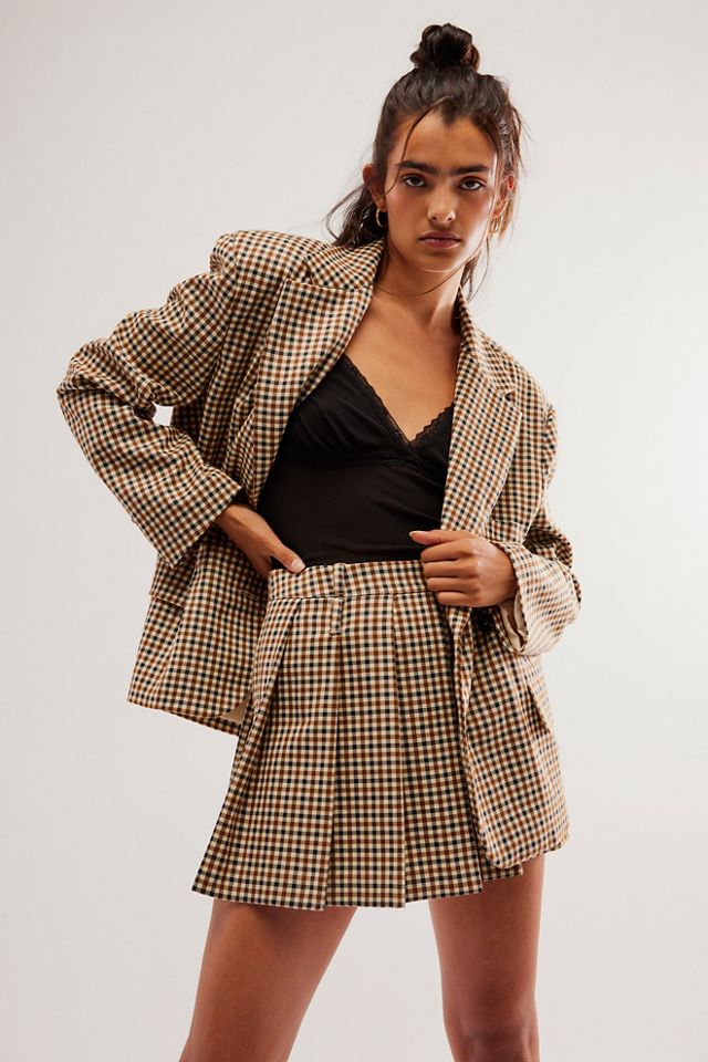 Brown plaid skirt jacket set best sale