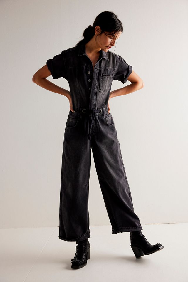 Free People Edison Denim Button Front Wide Leg Cinched Waist Coverall  Jumpsuit