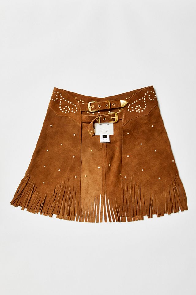Free People Understated Leather Western Fringe Skirt in Brown