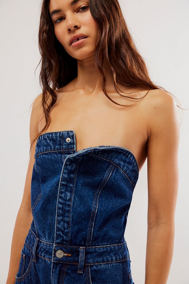 Strapless Denim Jumpsuit - Blue