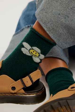 Happy Daisy Cashmere Crew Socks by Hansel From Basel at Free People in Hunter Green