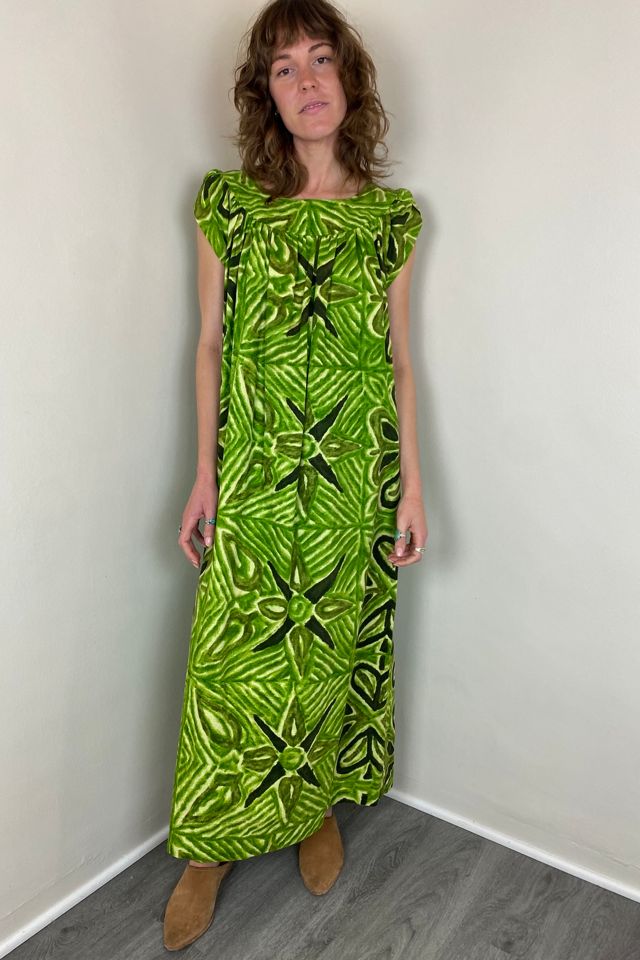 1960s Vintage Neon Green Cotton Printed Tiki Dress Selected by Picky Jane #1