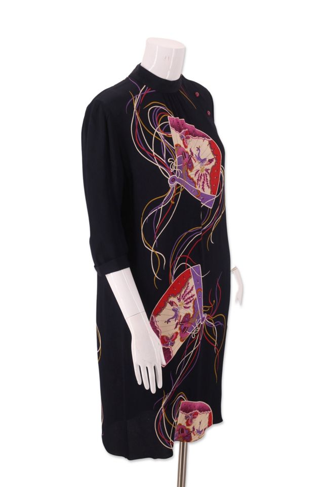 1970s Fan Print Rayon Shift Dress Selected By Ritual Vintage #1