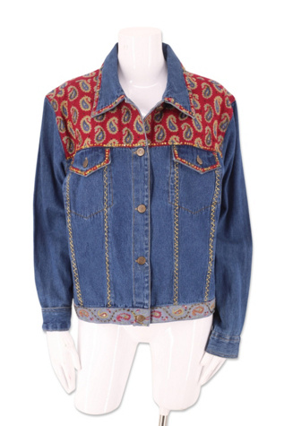 vintage 90s does 70s patchwork denim jacket // velvet floral paisley print  hippie //back patch jean jacket // womens large