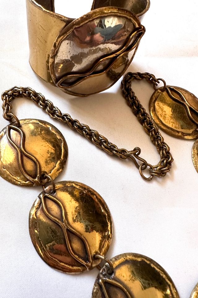 1970s Brutalist Brass Necklace and Cuff Set Selected by Cherry #1