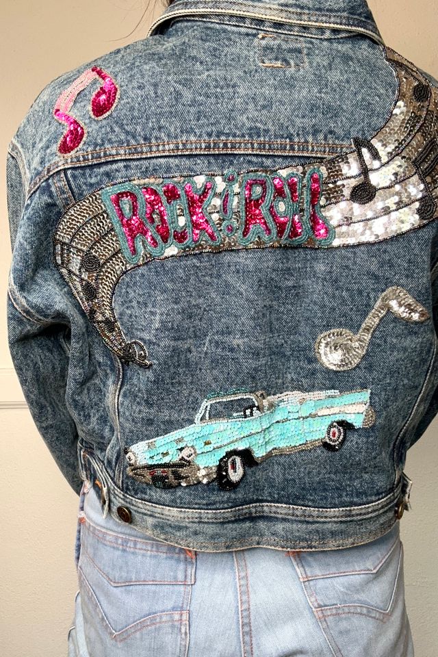 Vintage Rock n Roll Sequin Cropped Denim Jacket Selected by Cherry Free People