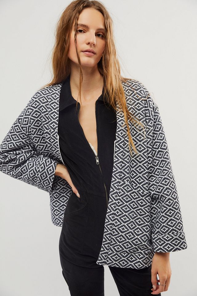 Free People Jacquard Wool Faux Fur Jacket Coat Navy Floral