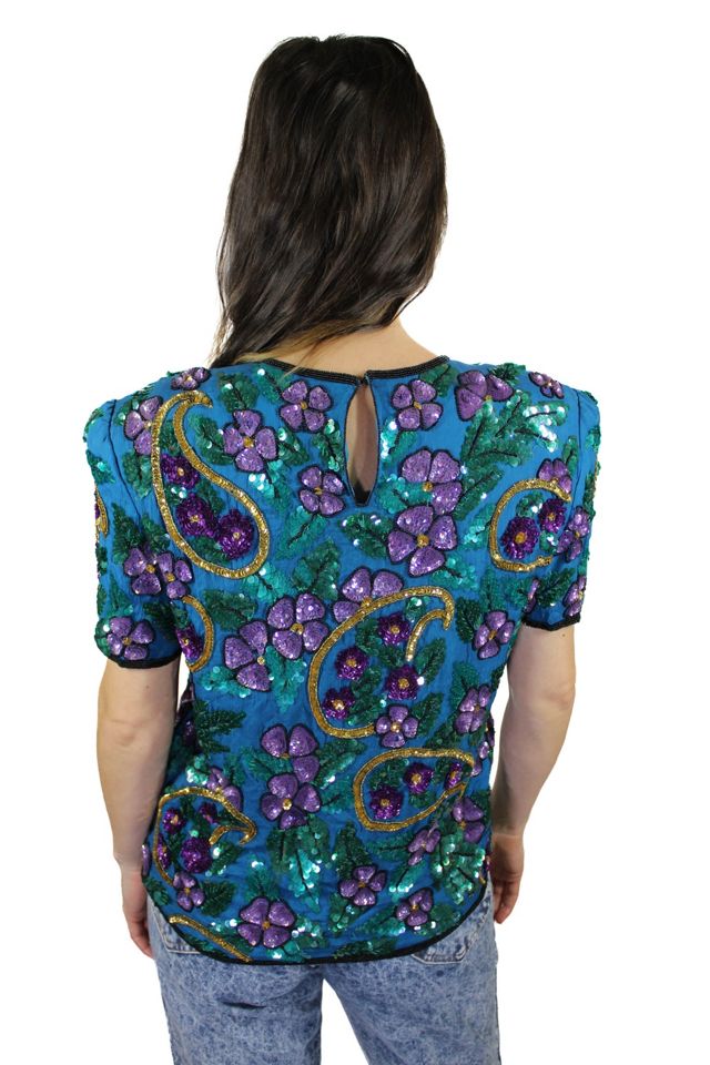 1980s Sequin Floral Turquoise Top Selected By Moons + Junes Vintage #1