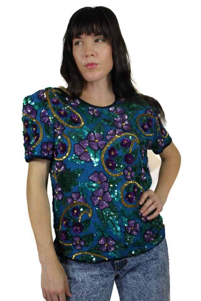 1980s Sequin Floral Turquoise Top Selected By Moons + Junes Vintage #2