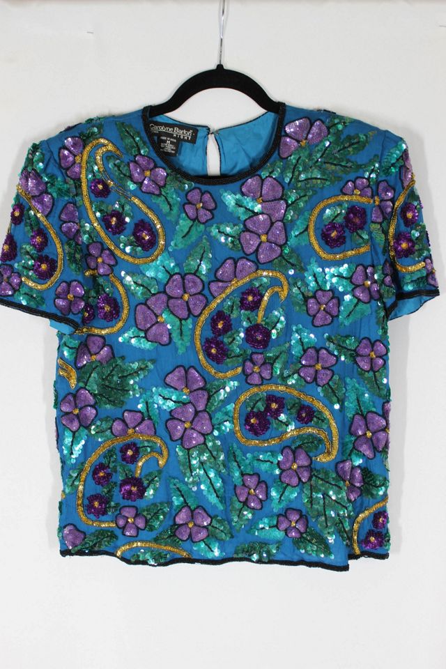 1980s Sequin Floral Turquoise Top Selected By Moons + Junes Vintage #3