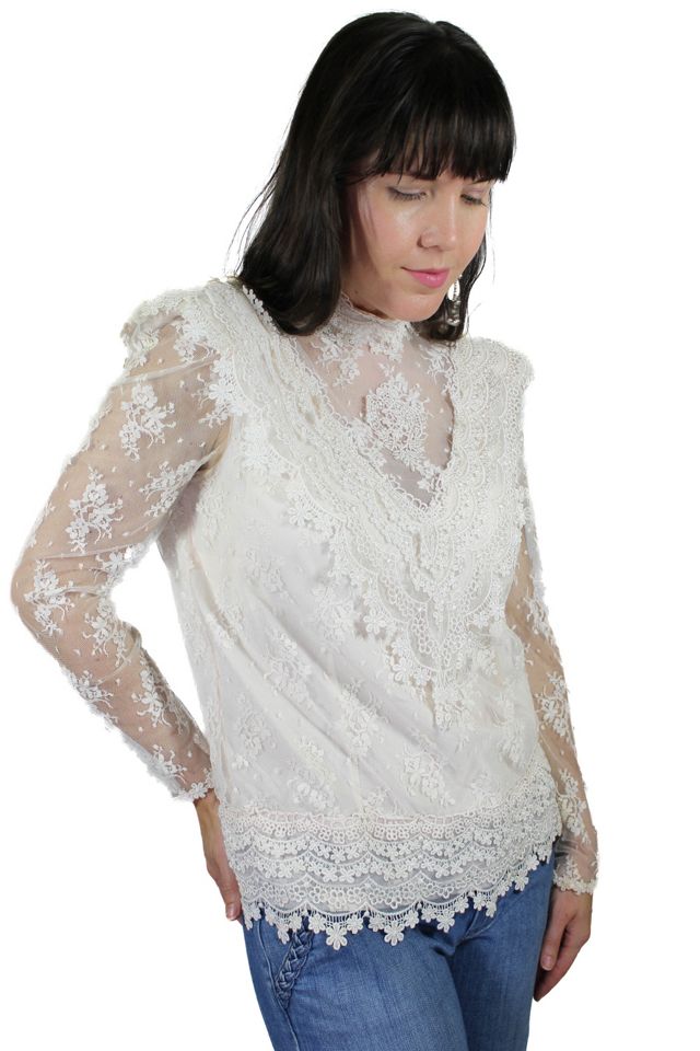1980s White Floral Lace Turtleneck Selected By Moons + Junes Vintage #1