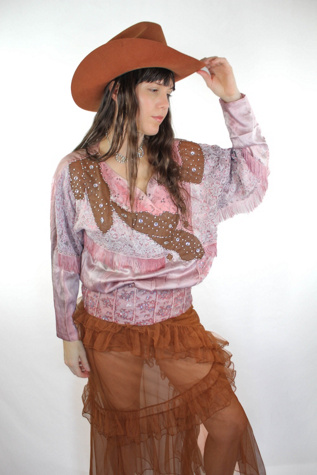 1980s Western Rhinestone Studded Fringe Silk Lace Blouse Selected By Moons + Junes Vintage