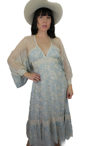 Rare 1970s Gunne Sax Lacey Blue Floral Dress Selected By Moons + Junes Vintage