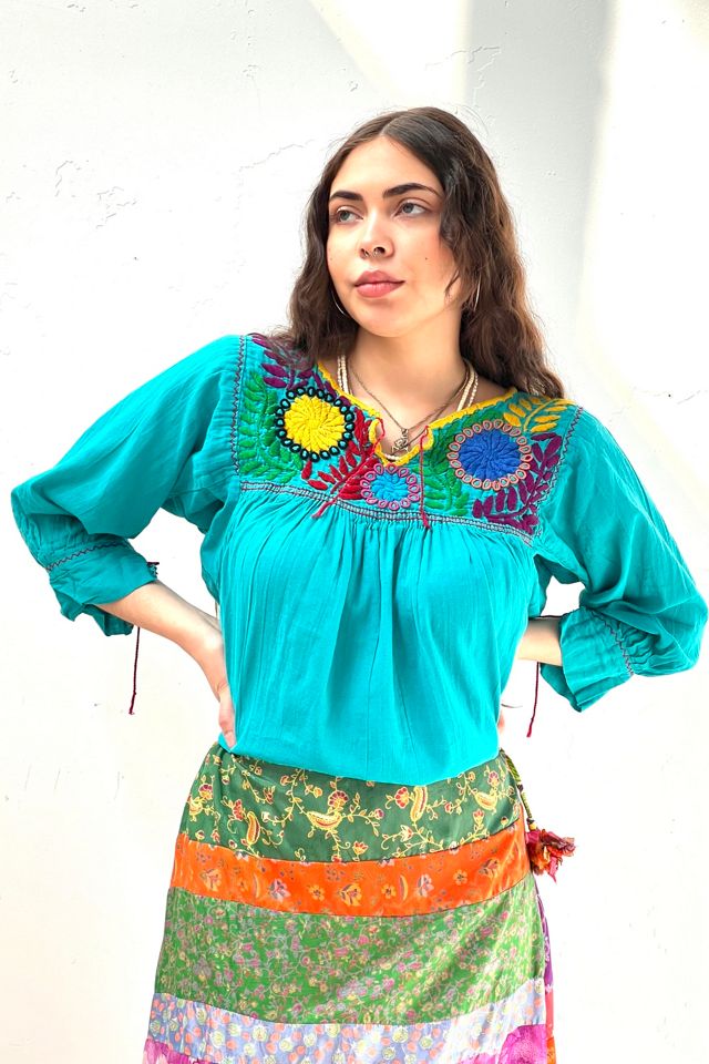 Vintage Hand Embroidered Flowers Teal Top Selected by Anna Corinna