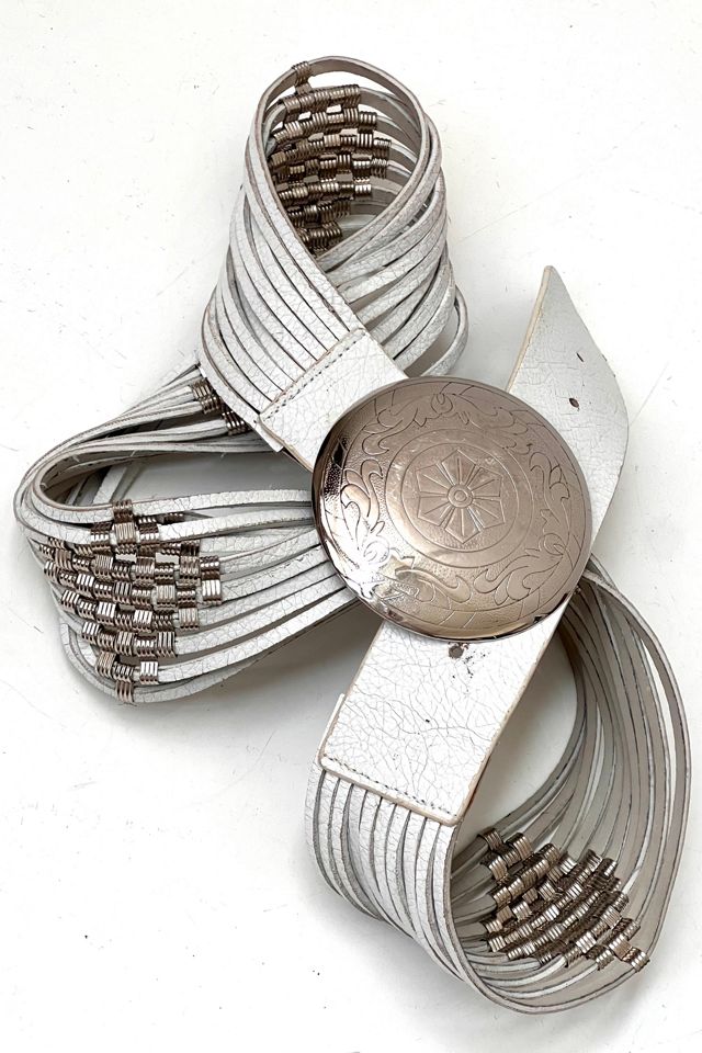 Vintage Silver Buckle and Beads White Leather Belt Selected  display picture 2