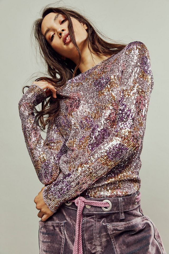Free People Gold Rush Long Sleeve Sequin Top