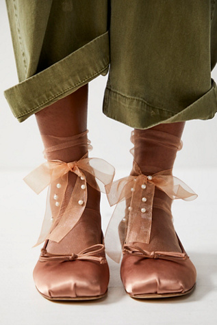 Pearl Bow Sheer Socks by High Heel Jungle at Free People in Peach