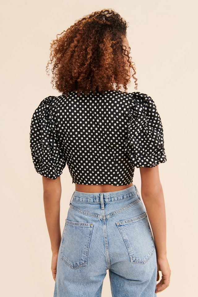 Grey & White Polka Puff Sleeve Crop Top