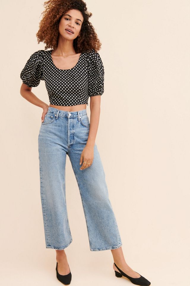 Free People Puff Sleeve Polka-dot Crop Blouse In Dusty Blue selling And Navy