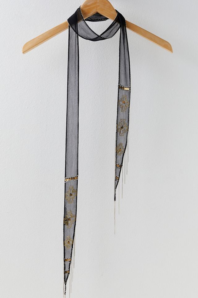 Galactic Embroidered Fringe Skinny Scarf #1