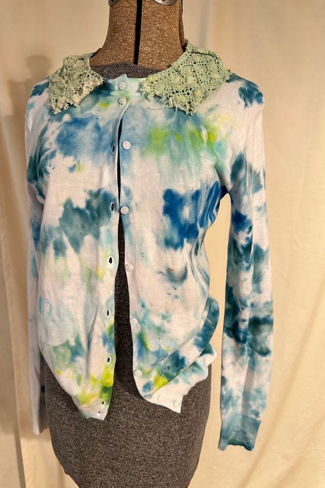 KA.TL.AK Lime and Aqua Wearable Art  Cardigan with Crochet Collar #1