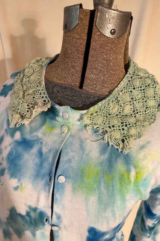 KA.TL.AK Lime and Aqua Wearable Art  Cardigan with Crochet Collar #3