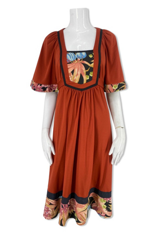 1970s Rust Floral Tie Back Peasant Dress Selected By Ritual Vintage