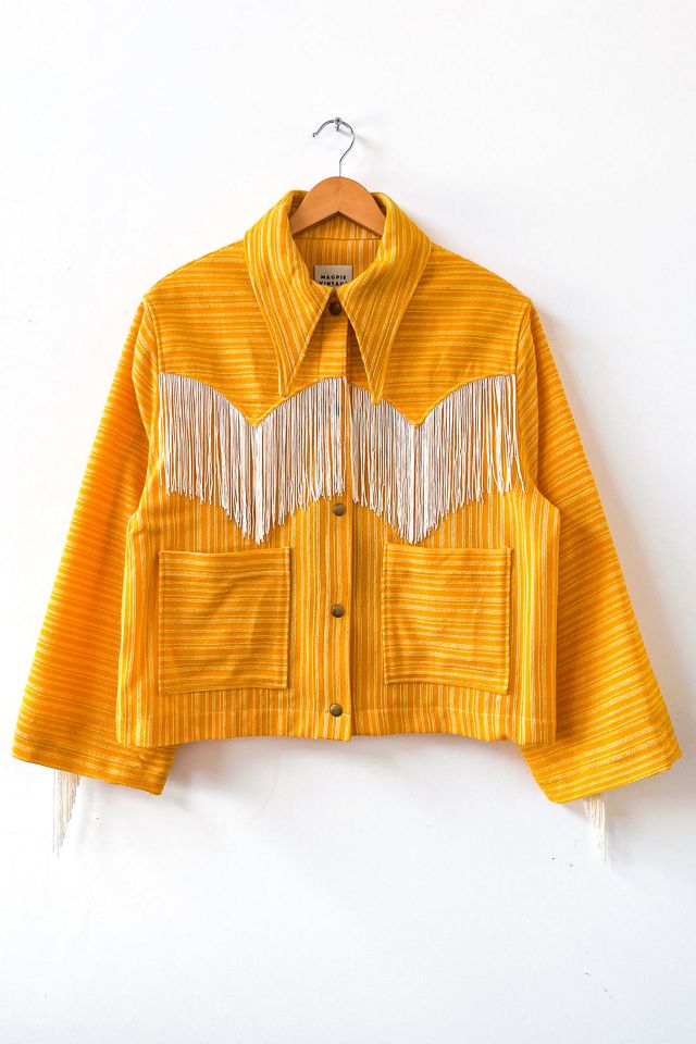 Magpie Vintage Arizona Western Fringe Yellow Stripe Jacket Free People