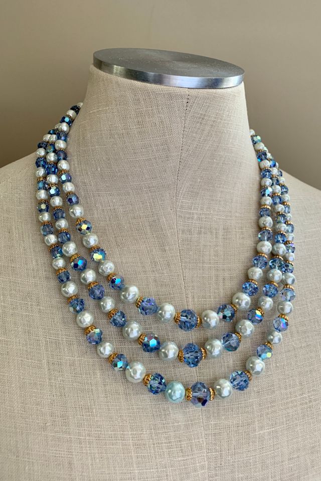Vintage Mid-Century Triple Strand Bead & Crystal Necklace Selected by SharpLilTeeth #2
