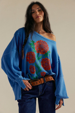 We The Free Graphic Camden Pullover at Free People in Blue, Size: XL