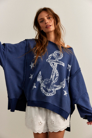 We The Free Graphic Camden Jersey Sweatshirt Pullover at Free People in Blue, Size: XS - Scoop Neck