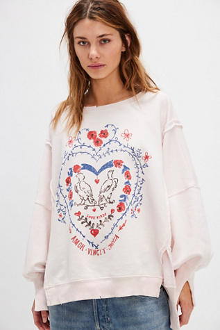 We The Free Graphic Camden Pullover At Free People In Light Pink Heart Combo, Size: Large