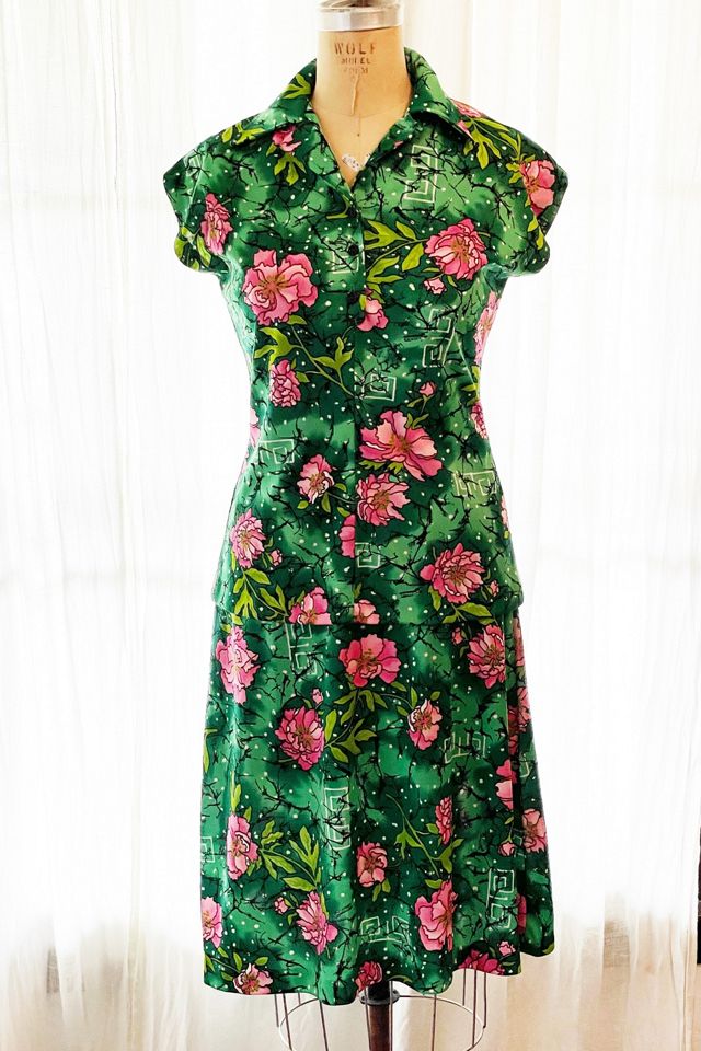 Vintage 1970's Green and Pink Floral Top and Skirt Set Selected by FernMercantile #1