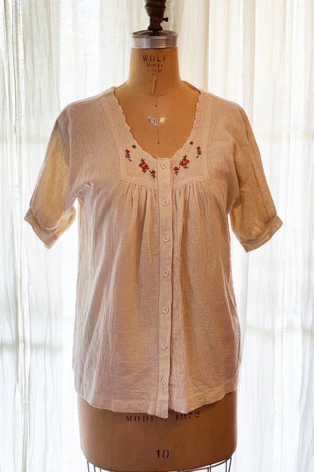 Vintage 1970's Ivory Gauze Floral Embroidered Shirt Selected by