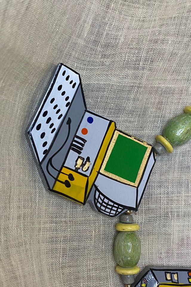 1980's Beaded Necklace With Hand Painted Computer Designs Selected by Nomad Vintage #1