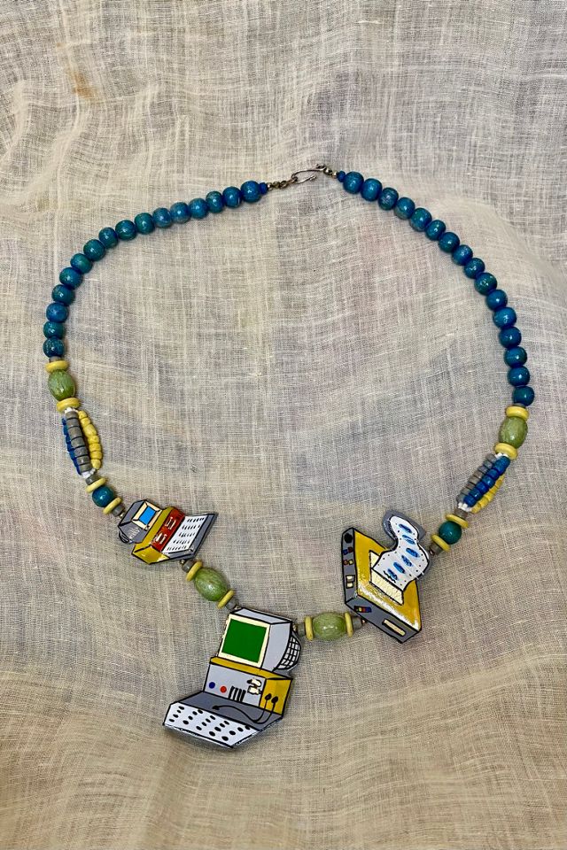 1980's Beaded Necklace With Hand Painted Computer Designs Selected by Nomad Vintage #2