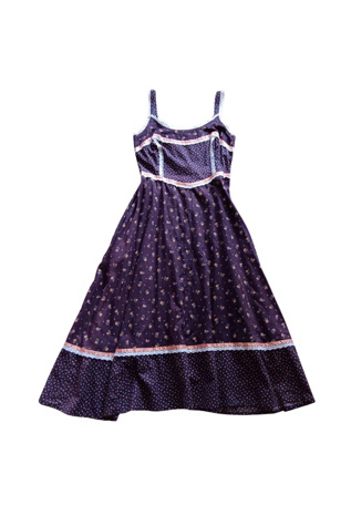 1970s Calico Beaded Trim Dress | XS/S