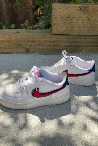 White Nike Air 1 with Red and Blue "Chenille Swoosh" Selected by The Curatorial | Free