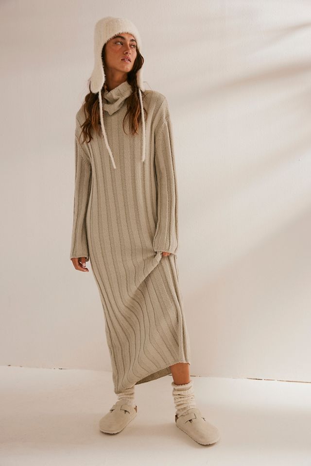 Long Sleeve Broad Rib Knit Midi Sweater Dress