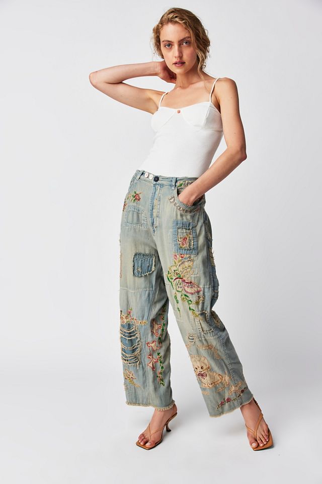Free People Magnolia Pearl Rose Embroidered Jeans in Gray
