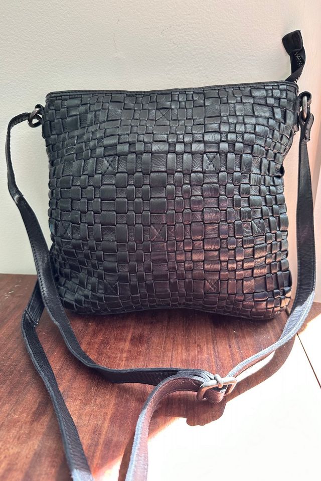  Black Woven Leather Crossbody Bag