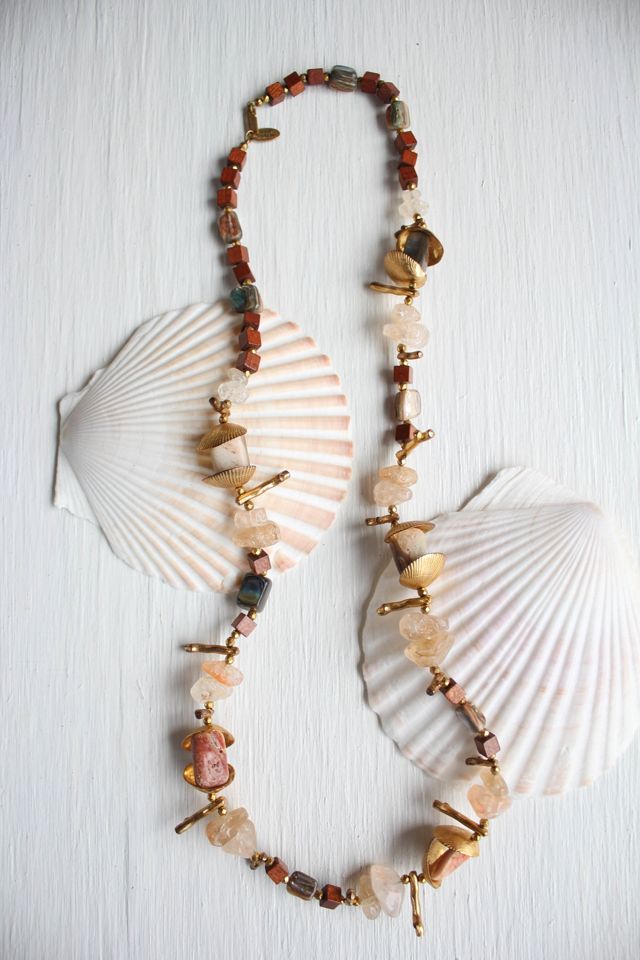 Vintage Gold Shell Coral Gemstone Beaded Necklace Selected By Moons + Junes Vintage #3